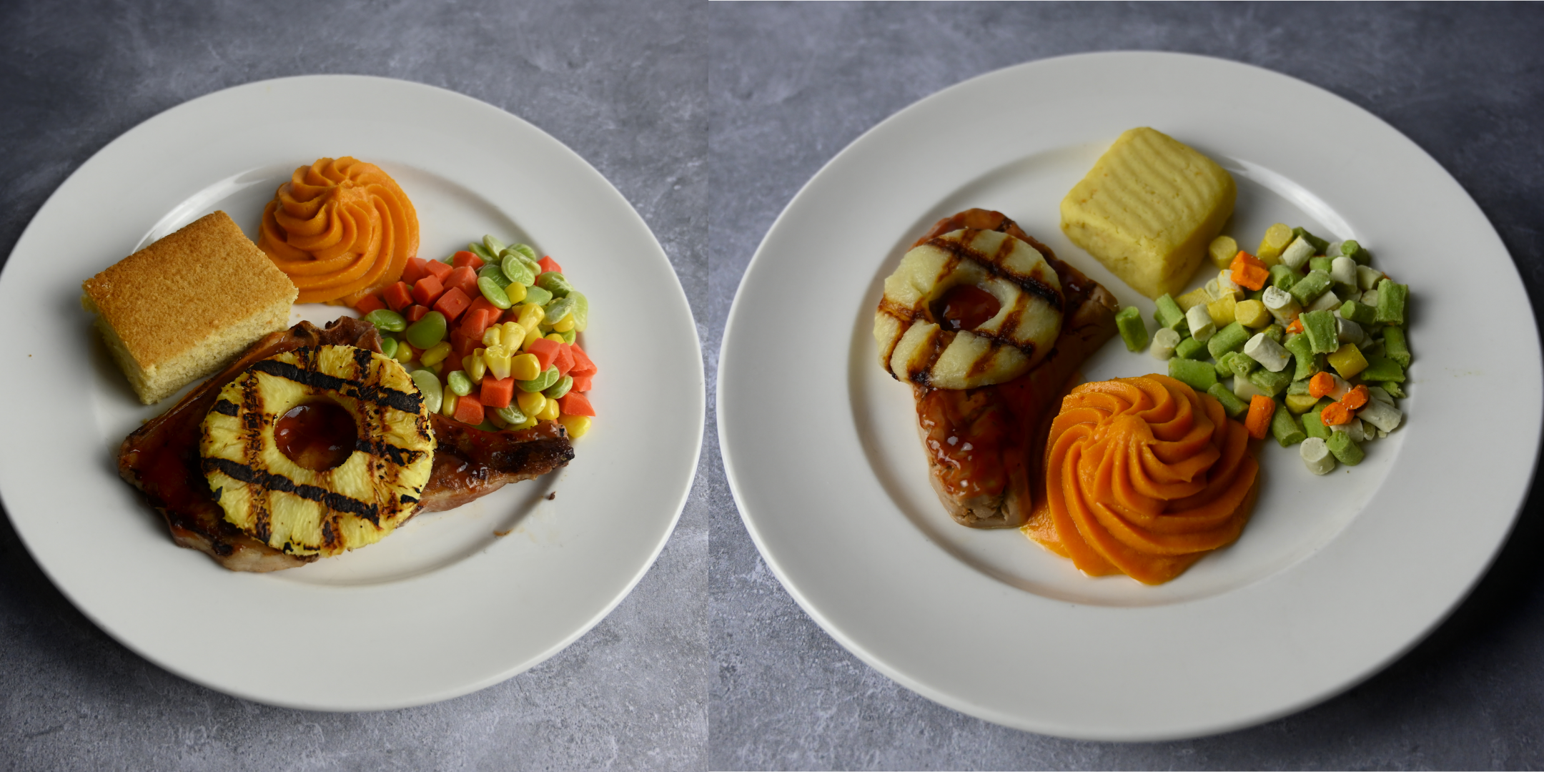Two versions of the same pork chop meal, the one on the right is all puree food while the left is real meat and veggies