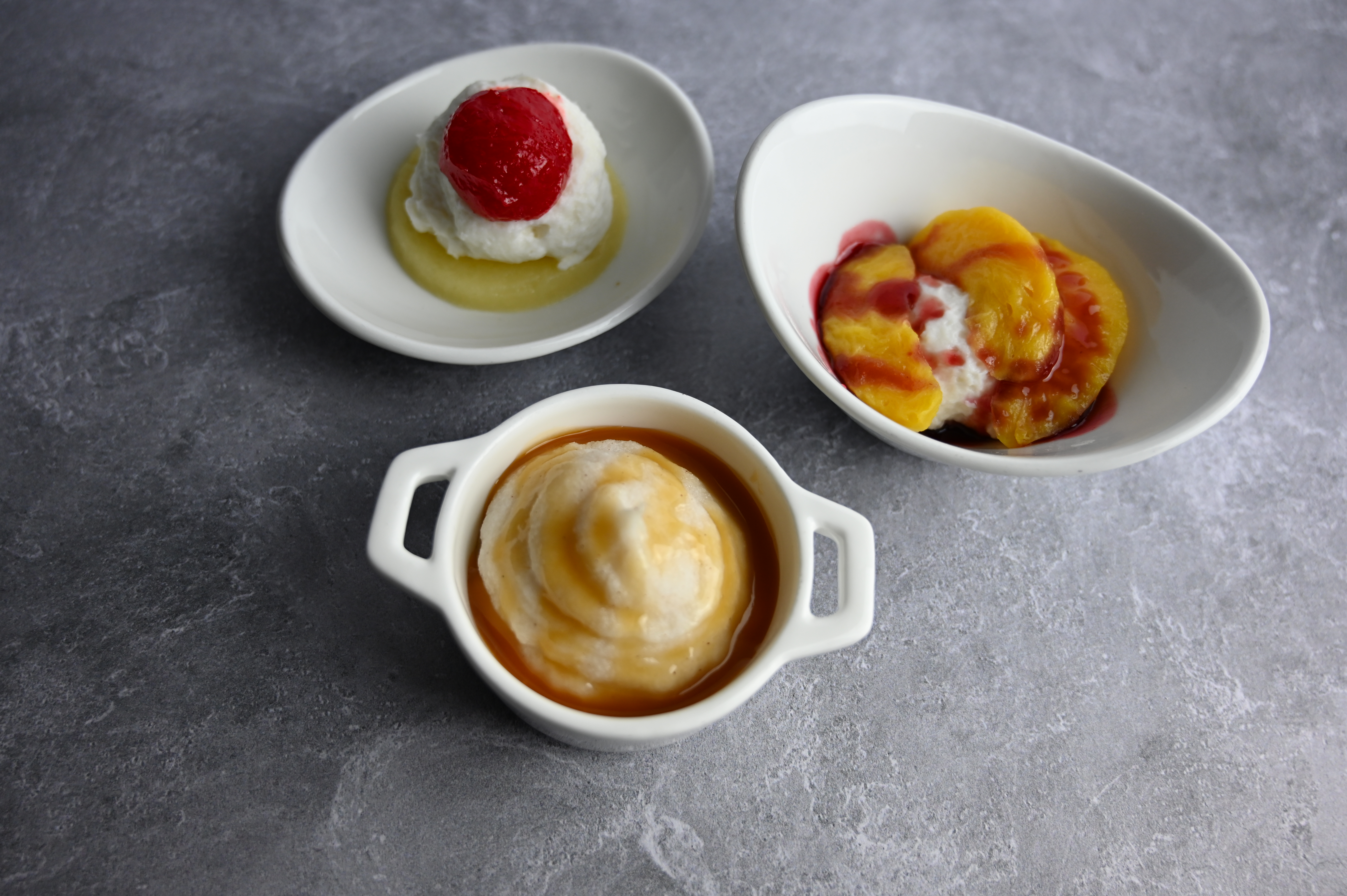 A selection of dessert foods, all are purees
